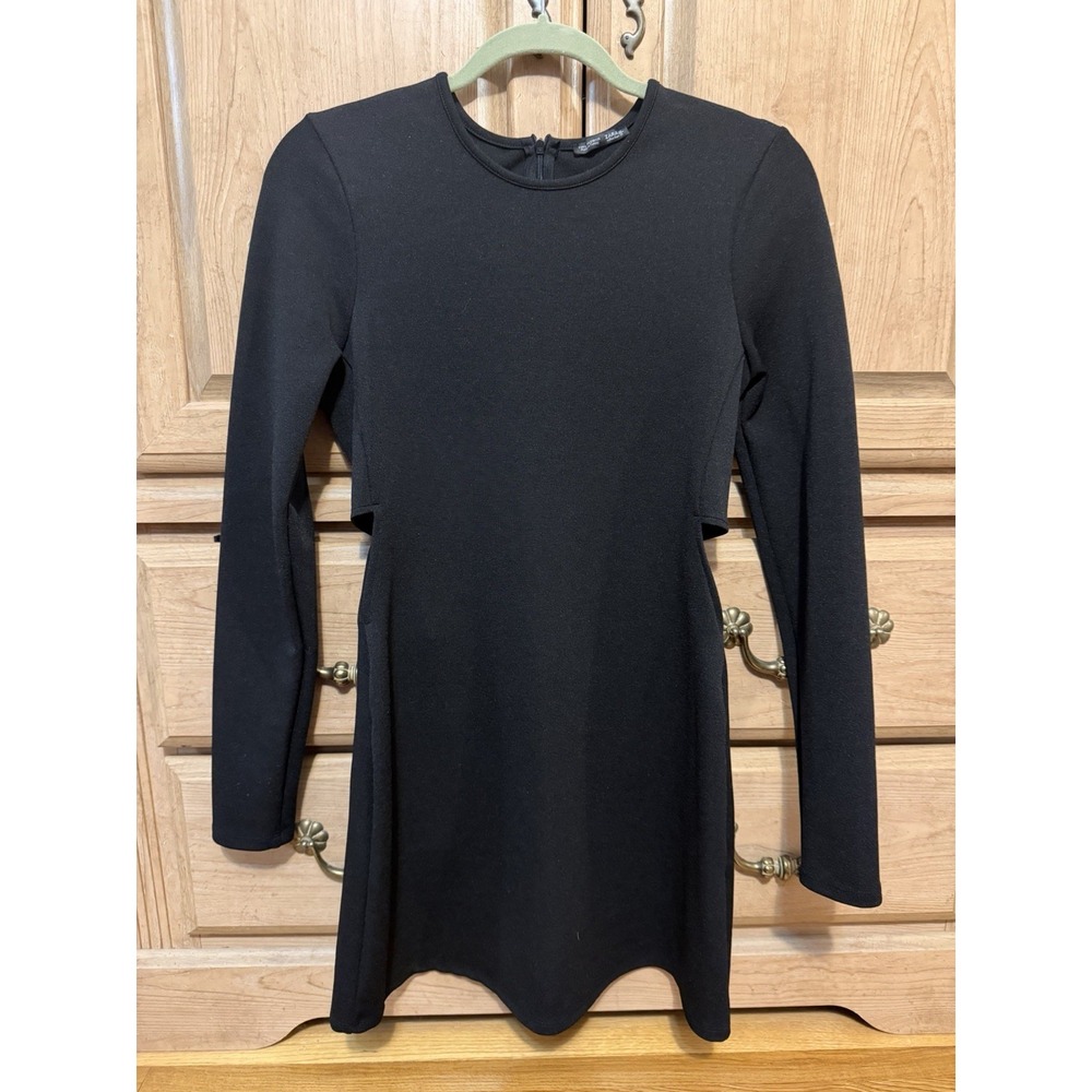 Zara Black Cut Out Side Dress Size Small Fit Flare Womens Long Sleeve Sexy Party